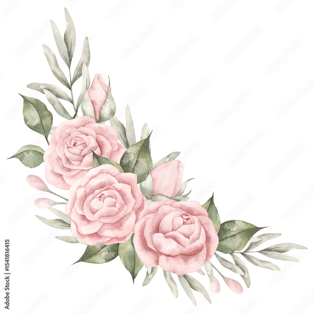 Pink dreams. Watercolor hand-drawn border with floral composition of ...