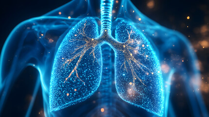 Wall Mural - Futuristic Visualization of Human Lungs with Glowing Neural and Respiratory Networks in a High-Tech Blue Hue