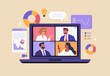 © nadzeya26 - Online Business Concept. Vector cartoon illustration of a group of diverse people doing analytics on a laptop monitor via video call. Isolated on background.