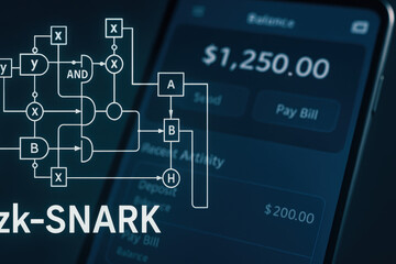 mobile payment application interface with zk-snark technology illustration and financial details