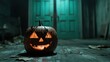 © Larisa AI - A grinning jack-o'-lantern sits in a dark, abandoned space, casting an eerie glow, evoking Halloween vibes and a sense of nostalgia for spooky celebrations and traditions.