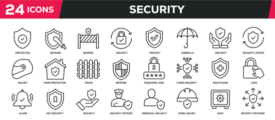 Sticker - set of collection line icons related protection, safety, defense, security. editable stroke. perfect
