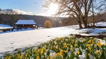 Wall Mural - Snowy spring meadow with blooming yellow daffodils alongside wooden cottage surrounded by winter landscape and sunny sky, nature contrast