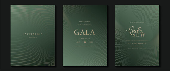 Wall Mural - Luxury wedding invitation card background vector. Golden elegant gold wavy lines on green background. Premium design illustration for wedding and vip cover template, banner, poster.