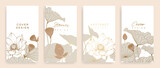 Luxury lotus hand drawn pattern cover design vector. Wallpaper with white lotus, blooms and leaves design in gold line art. Illustration for social media post, internet, packaging, covers, and prints. Luxury lotus hand drawn pattern cover design vector. Wallpaper with white lotus, blooms and leaves design in gold line art. Illustration for social media post, internet, packaging, covers, and prints.