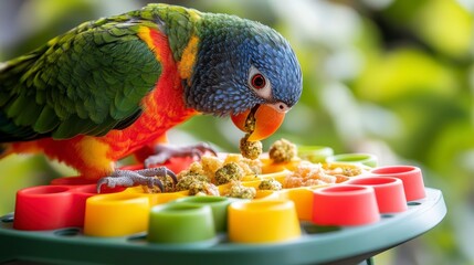 colorful parrot enjoying food on interactive feeding toy
