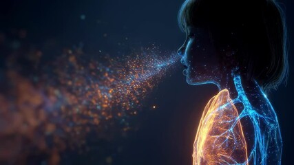 Wall Mural - Pediatric medical visualization highlighting respiratory system with child exhaling glowing particles, revealing lung anatomy through transparent x ray style illumination
