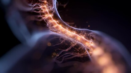 Wall Mural - Glowing particles flow through the cervical spine and nervous system of a human body, visualizing multiple sclerosis and its effects on neural pathways