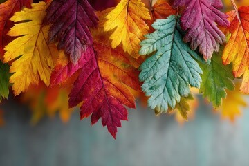 Wall Mural - Assorted autumn leaves in rich shades of red, yellow, green, and teal overlapping against a soft gradient background Generative AI