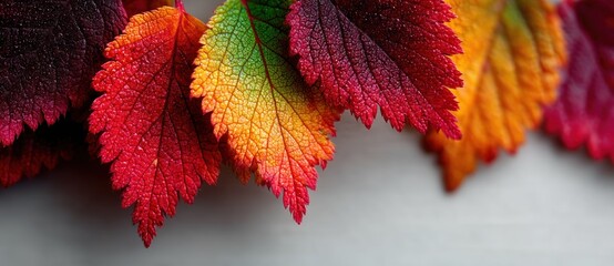 Wall Mural - Closeup of vibrant autumn leaves with gradient hues from green to red and orange on a soft neutral background Generative AI