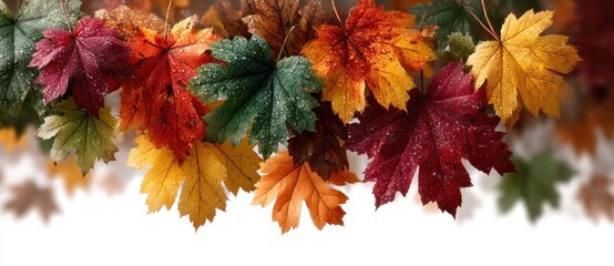 Wall Mural - Maple leaves in vivid autumn colors with water droplets arranged against a white background with soft shadows Generative AI