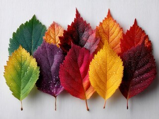 Wall Mural - Colorful autumn leaves arranged in rainbow order with water droplets on a light background Generative AI