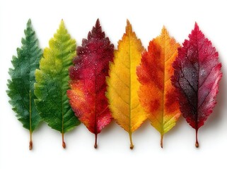 Wall Mural - Colorful autumn leaves arranged in rainbow order with water droplets on a light background Generative AI