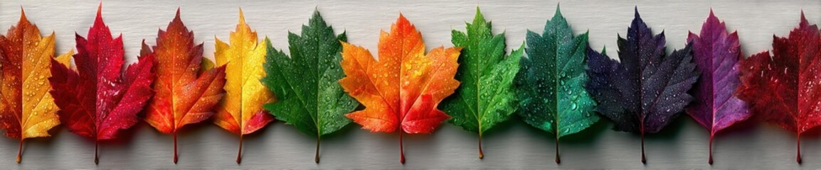 Wall Mural - Rainbow-colored maple leaves with water droplets arranged in a row on a silver textured background Generative AI