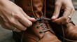 © Taniana Fomina - Close-up of hands tying brown leather boots on concrete surface