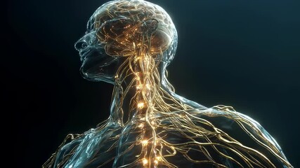 Wall Mural - medical visualization showing glowing nervous system within transparent human body, highlighting int