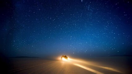 Wall Mural - powerful headlights illuminate vast salt flat at night, creating bright beams as an off road vehicle