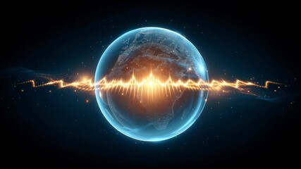 Wall Mural - glowing earth encircled by vibrant golden soundwave energy patterns in cosmic space, highlighting gl