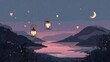 © Hidayat - Romantic flat illustration of glowing heart-shaped lanterns over a calm lake under a starry night sky, expressing peaceful good night love without people.