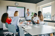 © Flamingo Images - Team Presentation in Modern Office With Diverse Group Engaged in Discussion. A businessman with gray hair stands smiling at the whiteboard and presents a topic to his younger diverse colleagues