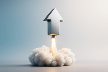 Wall Mural - metallic arrow-shaped rocket launching with smoke and fire on soft gradient background signifying bu