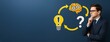 © Pixels Hunter - Businessman thinking with innovation process symbols including brain gears, lightbulb, and question mark on blue background for copyspace use.