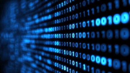 Blue binary numbers fill the background showing data flow and AI stream, perfect for digital coding, tech design, or software development concept