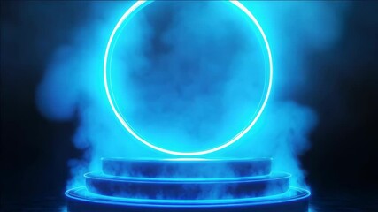 Wall Mural - A blue glowing circle with smoke surrounding it. The circle is surrounded by three blue steps. The  has a futuristic and mysterious vibe