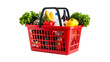© Pankaj Kumar - Plastic red shopping basket full of assorted grocery products isolated on white or transparent background