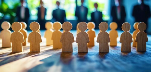 Wall Mural - wooden figures representing teamwork and collaboration in a corporate environment with blurred busin