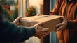 © URRMInc - A friendly delivery person efficiently transfers a cardboard package to a customer at a sunny residential doorstep, highlighting the convenience of modern e-commerce.