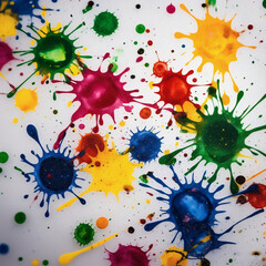 Wall Mural - vibrant multi colored paint splatters and droplets on a white background creating an abstract and dy
