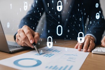 businessman analyzing graphs with digital cybersecurity lock icons and binary code overlay on a futu