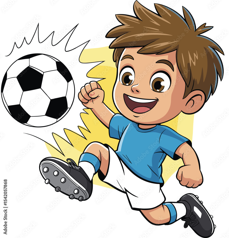A vibrant cartoon illustration of a young boy joyfully playing soccer,  kicking a football with energy and enthusiasm, perfect for children's  sports themes, active lifestyle. Stock Vector | Adobe Stock, image size:964x1000