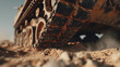 © ki - Extreme close-up of rusted main battle tank tread in desert with sand dust and harsh sunlight shadows, hyper-detailed mechanical texture showing wear and decay.