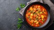 © SerPak - Hearty vegetable and meat stew in black bowl on dark slate table with parsley garnish.