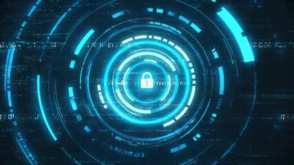 Futuristic animation showcasing a digital lock symbol within a secure interface, representing cybersecurity, data protection, and encrypted access.