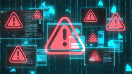 Digital animation illustrating a cybersecurity breach with warning signs, code windows, and data vulnerability in a futuristic virtual environment.