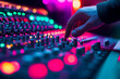 © Tetiana - Professional sound engineer adjusting audio mixer in music production studio with vibrant neon lights generative ai