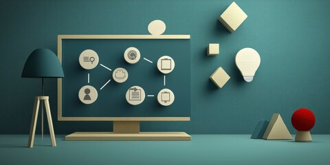 Wall Mural - productivity tools management minimalist concept. modern workspace with abstract shapes and computer