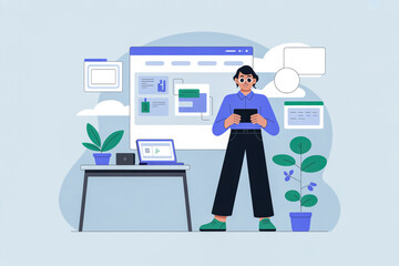 Illustration of web developer using tablet for website design and development process online platform