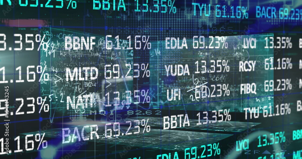 Floating stock tickers and percentages dancing over laptop screen in ...