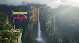 Venezuelan Flag Waves Proudly Over Angel Falls, Majestic Waterfa