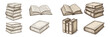 © icon_art - Vintage sketch of various book types including stacked volumes and open books displayed on a blank background