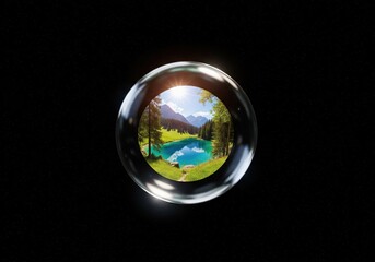 nature sphere floating in starry cosmos. a vibrant landscape featuring a pristine lake, lush forest,