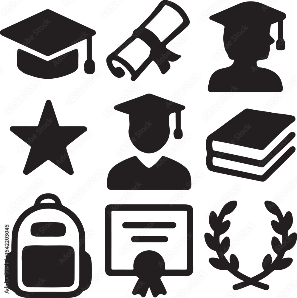 Online education icon set. Containing teacher avatar, school blackboard, apple, and textbook symbols. E-learning and digital education icons. Solid icon collection.