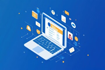 A laptop screen with a lot of icons and a woman's face. Network concept with digital icons and laptop on blue background