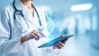 © Andre - Medicine doctor touching electronic medical record on tablet. DNA. Digital healthcare and network connection on hologram modern virtual screen interface, medical technology and futuristic concept.