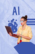 © deagreez - Trend composite sketch template 3D collage of young woman work netbook virtual technology online computer artificial intellect assistant