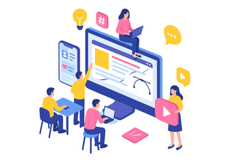 digital collaboration among six people using technology for content creation and online interaction 
